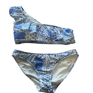 Vineyard Vines Blue White One Shoulder Bikini Set Women's Size S Ruffle Swimwear